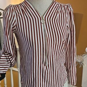 Chic Red Wine and White Striped Blouse with Zipper